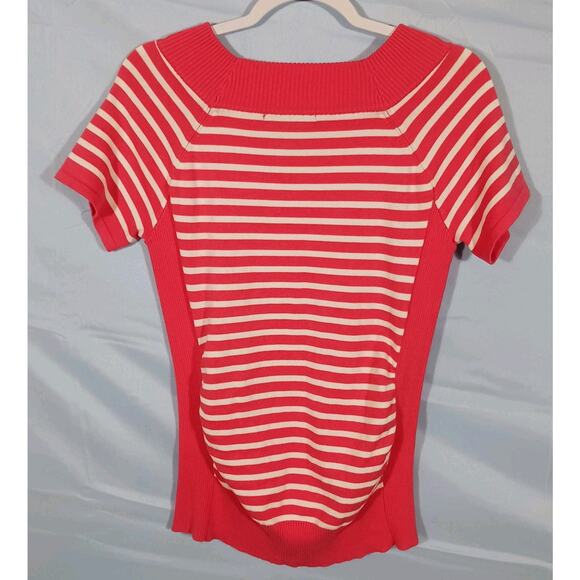 89th & Madison Women's Medium Pink and White Striped Short Sleeve Sweater Rayon - Picture 8 of 8